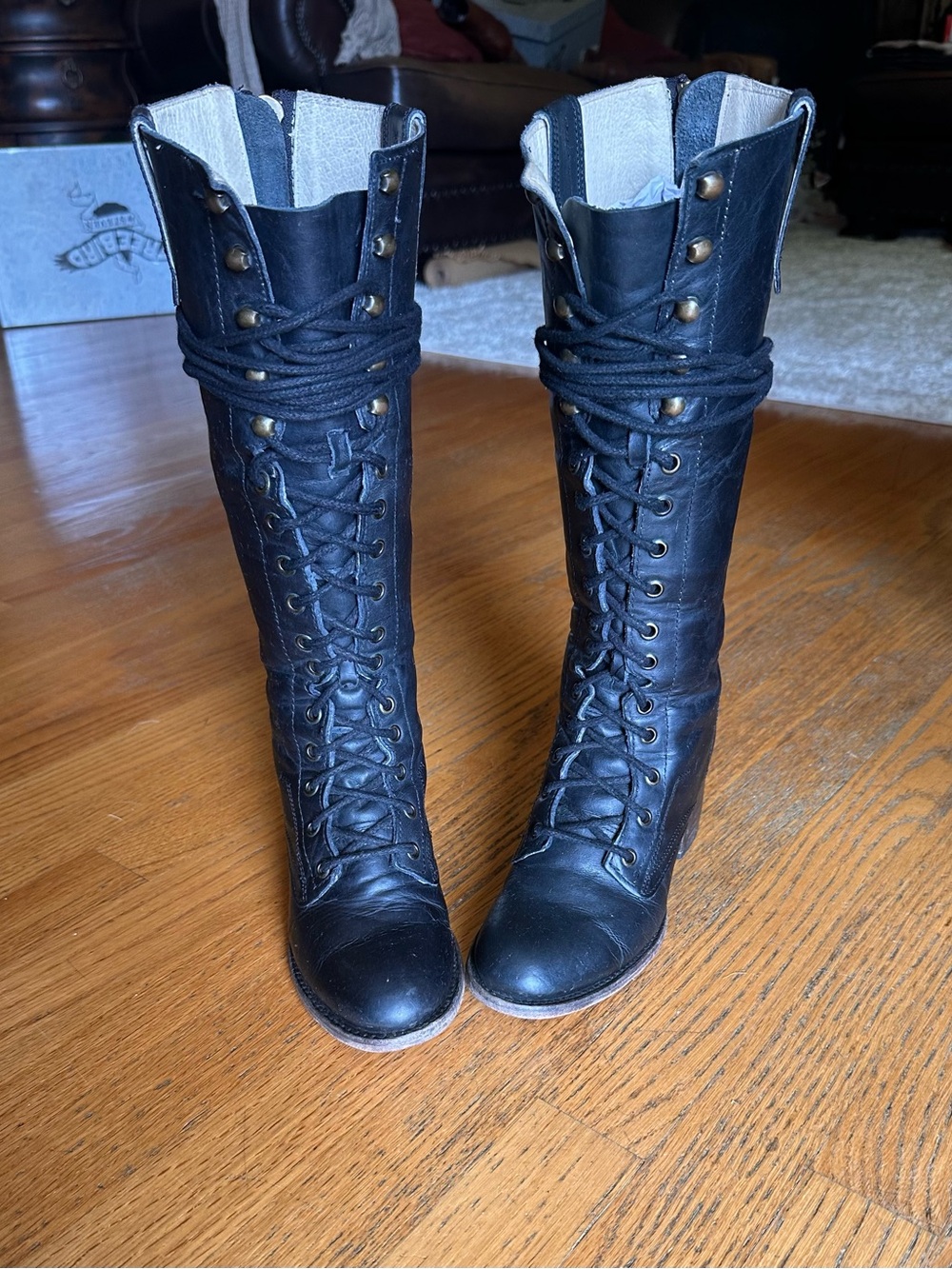Freebird by Steven Black Granny  Lace-Up Knee Boots with Wrapped Laces
